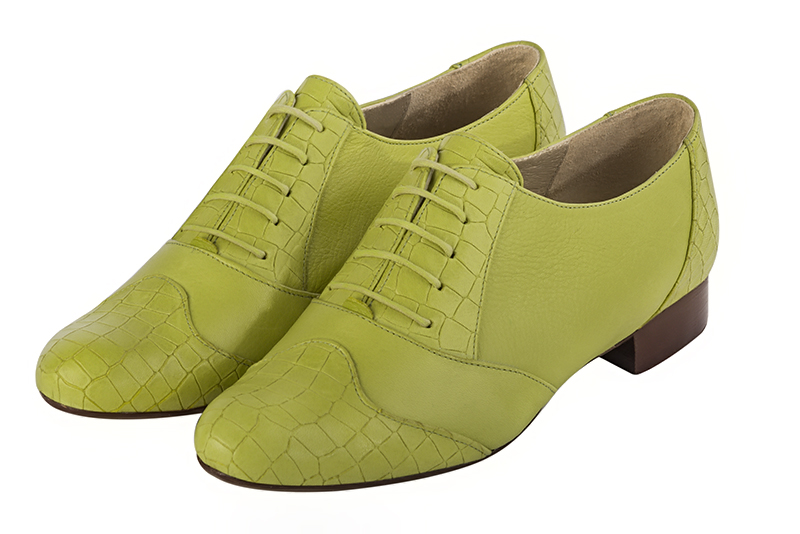 Pistachio green women's fashion lace-up shoes. Round toe. Flat leather soles. Front view - Florence KOOIJMAN